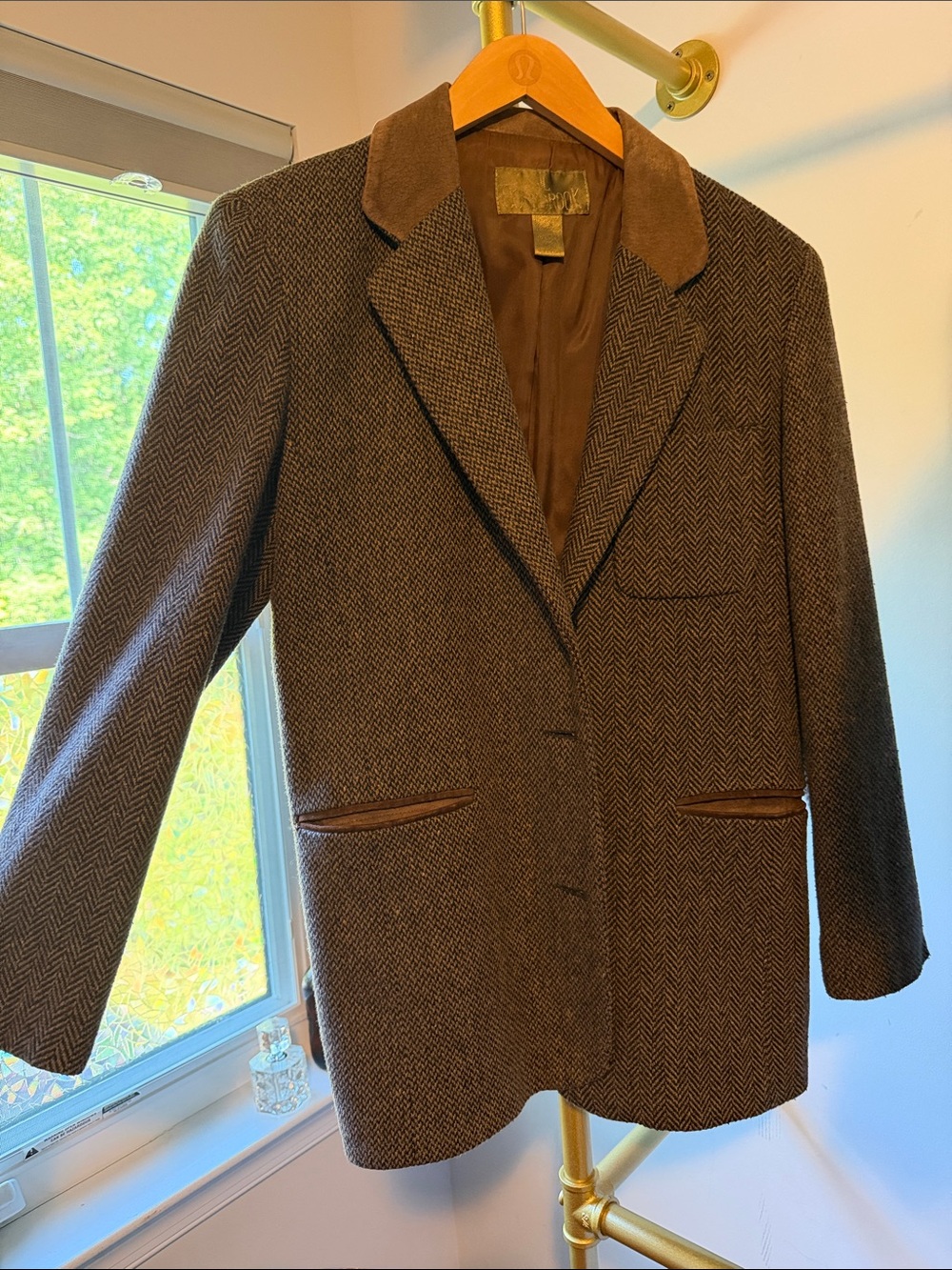 Men's Brown Herringbone Sport Coat with Suede Trim